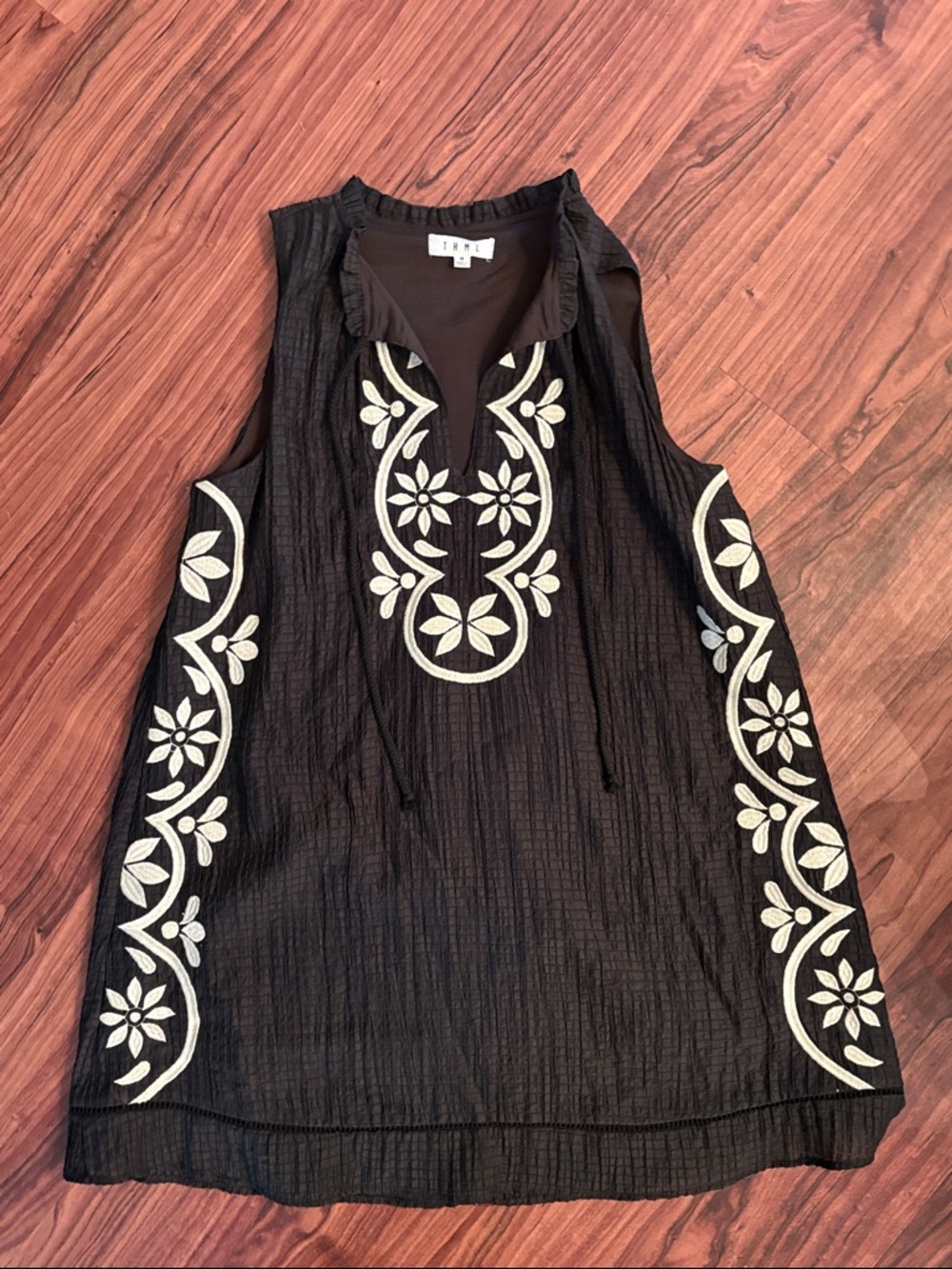 THML Black Sleeveless Midi Dress with Cream Floral Embroidery